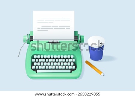 Typewriter machine. Copywriting, storytelling, creative writing. 3d vintage typewriter and paper with text. Workspace of an author, journalist. Writing script, essay. Isolated vector illustration