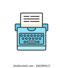 Typewriter machine flat line colored icon.