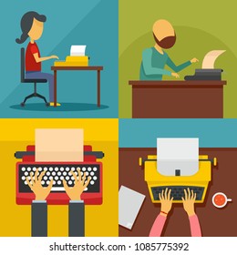 Typewriter machine keys old keyboard banner concept set. Flat illustration of 4 typewriter machine keys old keyboard vector banner horizontal concepts for web