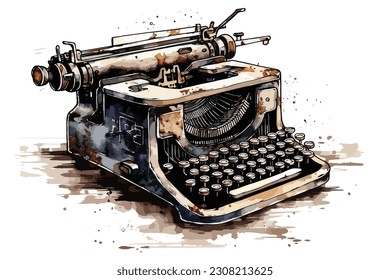 Typewriter Machine Line Art Write watercolor painting Abstract background.