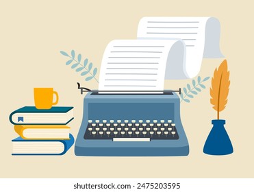 Typewriter machine with paper sheet, books and cup. Creative workplace of novel writer or fiction author. Creation of literature concept.