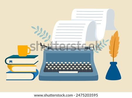 Typewriter machine with paper sheet, books and cup. Creative workplace of novel writer or fiction author. Creation of literature concept.