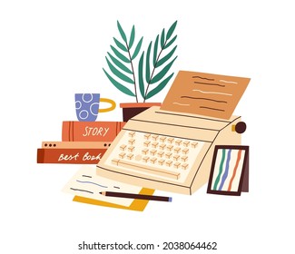 Typewriter machine with paper sheet, story books and cup. Creative workplace of novel writer or fiction author. Creation of literature concept. Flat vector illustration isolated on white background