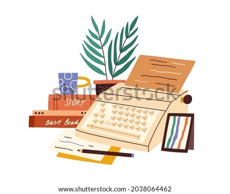 Typewriter machine with paper sheet, story books and cup. Creative workplace of novel writer or fiction author. Creation of literature concept. Flat vector illustration isolated on white background