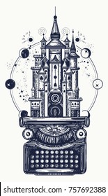 Typewriter and magic castle tattoo. Symbol of imagination, literature, philosophy, psychology surreal t-shirt design 