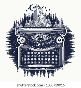 Typewriter and mountains tattoo and t-shirt design. Symbol of imagination, literature, philosophy, psychology, imagination 