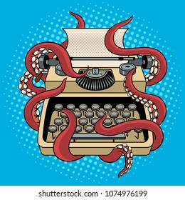 Typewriter with octopus tentacles pop art retro vector illustration. Comic book style imitation.