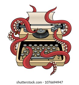 Typewriter with octopus tentacles pop art retro vector illustration. Isolated image on white background. Comic book style imitation.