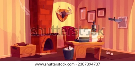 Typewriter on desk in author vintage office cartoon vector background. Writer room with bottle and paper stack on table. Cobweb in wooden interior with type machine, fireplace, horns and knife in wall