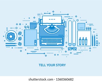 Typewriter on a table. Tell your story. Author. Blogging platform. Flat blue outline background. Line art vector illustration.