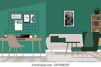 Typewriter on a wooden desk standing in a green living room interior with couch and geometric poster on the wall