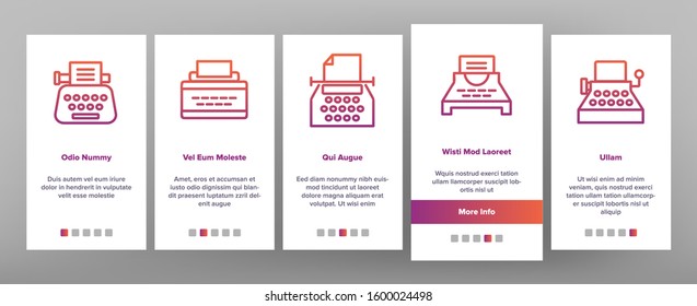 Typewriter Onboarding Mobile App Page Screen Vector. Retro And Ancient Typewriter Machine For Writer Concept Linear Pictograms. Vintage Technology Illustrations