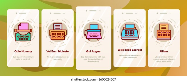 Typewriter Onboarding Mobile App Page Screen Vector. Retro And Ancient Typewriter Machine For Writer Concept Linear Pictograms. Vintage Technology Illustrations