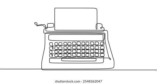 Typewriter in one line art with classic buttons, depicting vintage writing tools and creativity in a minimalist style.