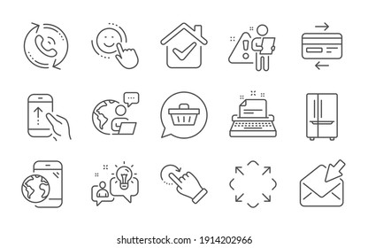Typewriter, Open mail and Refrigerator line icons set. Mobile internet, Shopping cart and Credit card signs. Rotation gesture, Call center and Idea symbols. Swipe up, Smile and Maximize. Vector