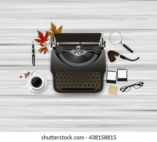Typewriter and other objects. Vector illustration.