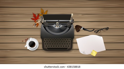 Typewriter and other objects. Vector illustration.