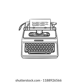 Typewriter with paper hand drawn outline doodle icon. Story writting and author, writer equipment concept. Vector sketch illustration for print, web, mobile and infographics on white background.