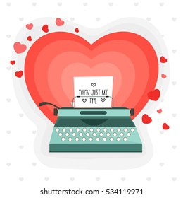 Typewriter with paper on hearts decorated background, Creative illustration for Happy Valentine's Day celebration.