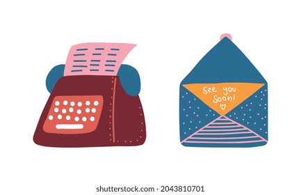 Typewriter with Paper and Open Envelope with Letter as Postal Symbol Vector Set