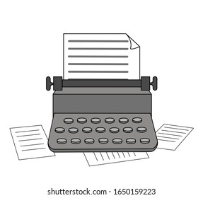 typewriter. paper scattered. writing works. vector illustration.