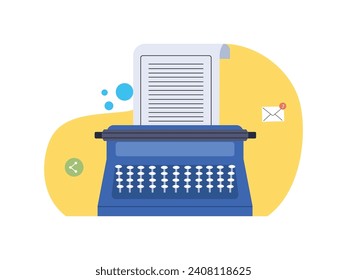 A typewriter and paper for sending letters in the old days. Character design. Vector flat illustration