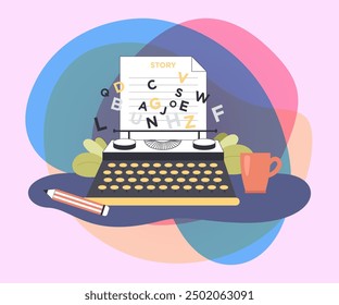 Typewriter with paper and story title. Novel or poetry writing flat vector illustration. Literature, creative imagination concept for banner, web design or landing page