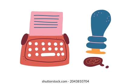 Typewriter with Paper and Wax Seal as Postal Symbol Vector Set