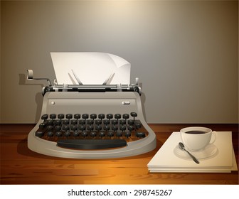 Typewriter with papers and coffee on the table