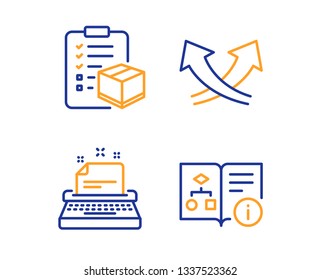 Typewriter, Parcel checklist and Intersection arrows icons simple set. Technical algorithm sign. Instruction, Logistics check, Exchange. Project doc. Industrial set. Linear typewriter icon. Vector