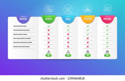 Typewriter, Parcel checklist and Intersection arrows icons simple set. Comparison table. Technical algorithm sign. Instruction, Logistics check, Exchange. Project doc. Industrial set. Vector