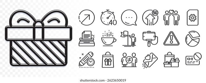 Typewriter, Pie chart and Project deadline line icons for web app. Glare of light effect. Message icon. Pack of Card, Discrimination, Leadership pictogram icons. Vector