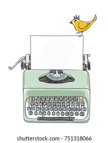 typewriter portable retro with paper and  yellow bird  hand drawn vector art illustration