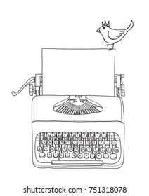 typewriter portable retro with paper and  yellow bird  hand drawn vector line art illustration