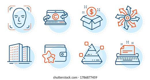 Typewriter, Post package and Copywriting notebook signs. Pyramid chart, Face detection and Buildings line icons set. Loyalty program, Versatile symbols. Report analysis, Detect person. Vector