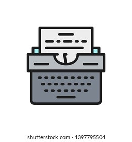 Typewriter prints text on sheet flat color icon.
