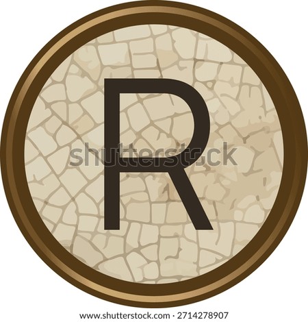 Typewriter R key cap with cracked grunge texture, bold letterform, circular metal rim, clean linework. Retro keyboard button, distressed surface, worn patina. Cartoon vector illustration