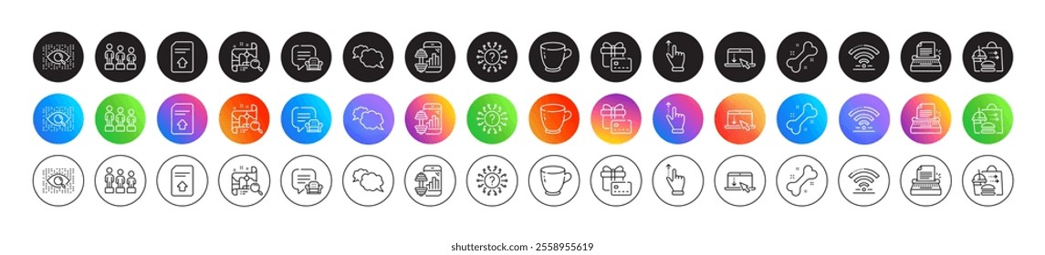 Typewriter, Scroll down and Fitness app line icons. Round icon gradient buttons. Pack of Equality, Touchscreen gesture, Dog bone icon. Messenger, Upload file, Question mark pictogram. Vector