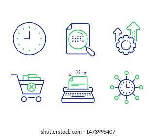 Typewriter, Search file and Remove purchase line icons set. Clock, Seo gear and World time signs. Instruction, Find document, Delete from cart. Time or watch. Line typewriter outline icons. Vector