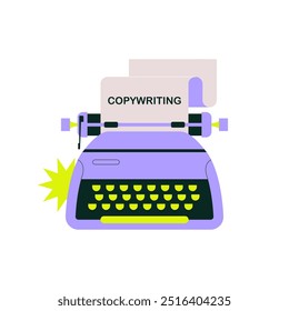 Typewriter with a sheet of paper displaying the word copywriting symbolizing content creation, writing services, and creative copy. Flat vector illustration, isolated on a white background.
