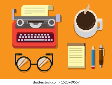 Typewriter with sheet of paper, glasses, notepad, coffe and pen on surface flat vector illustration.