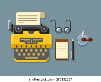 Typewriter with sheet of paper, glasses, notepad, cigar and pen on surface flat vector illustration.