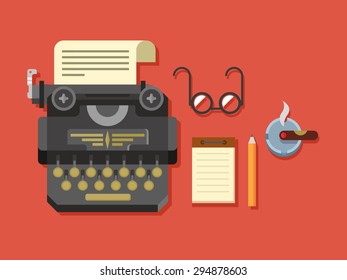 Typewriter with sheet of paper, glasses, notepad, cigar and pen on surface flat vector illustration.