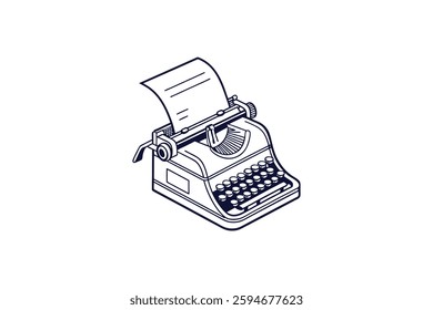 typewriter with a sheet of paper silhouette line art vector illustration