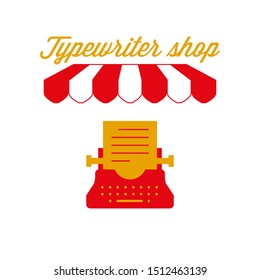 Typewriter Shop Sign, Emblem. Red and White Striped Awning Tent. Vintage Typewriter Icon. Gold and Red Colors. Flat Vector Illustration.