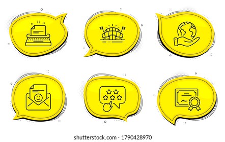 Typewriter sign. Diploma certificate, save planet chat bubbles. Ranking star, Smile and Sports arena line icons set. Click rank, Positive mail, Event stadium. Instruction. Business set. Vector