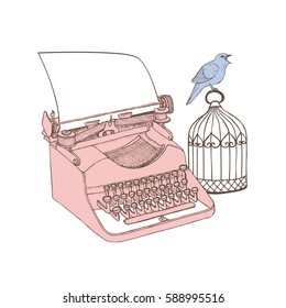 Typewriter, singing bird and cage. Hand drawn vector illustration.