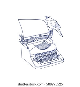Typewriter and singing bird. Hand drawn vector illustration.