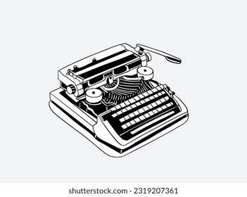 typewriter of sketch ink drawing. Hand-drawn vintage typewriter, writing machine. Publishing, journalism symbol. Sketch vector illustration