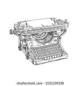 Typewriter Sketch Of Vintage Writing Machine. Vector Mechanical Desktop Typewriter With Paper Sheet And Old Keyboard. Retro Design Of Author, Journalist Or Secretary Equipment